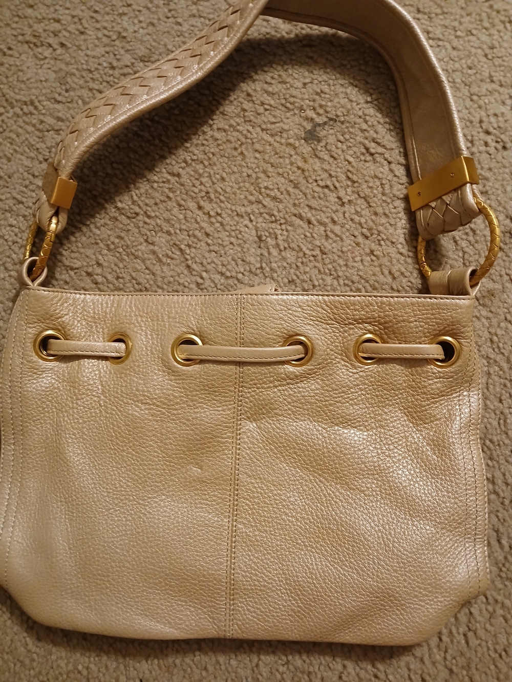 Elliott Lucca Beige Leather Shoulder Bag with Tassel and Gold Accents - Picture 2 of 5